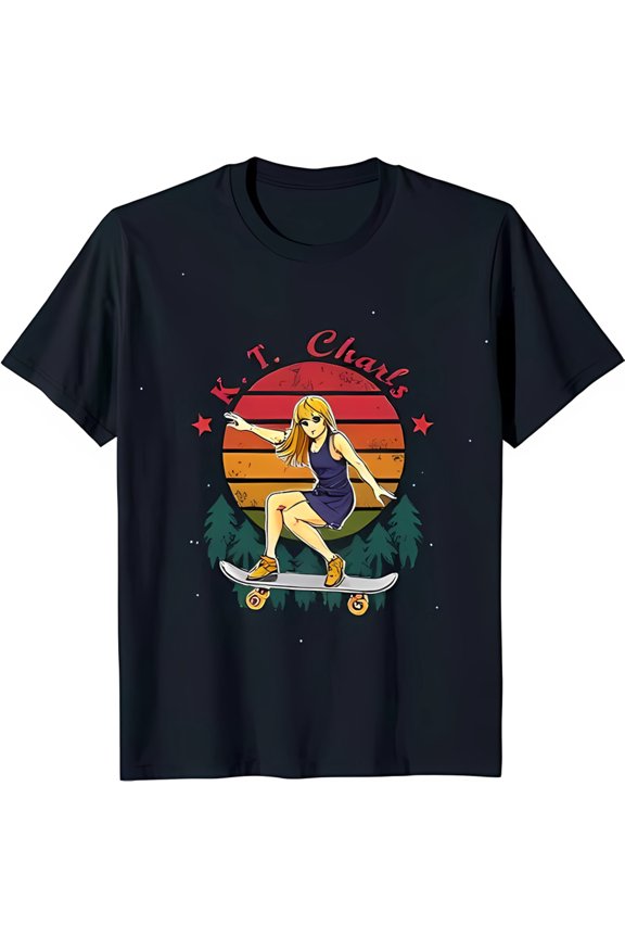 Retro Black T-Shirt with Skateboarding Girl Graphic & Sunset Design