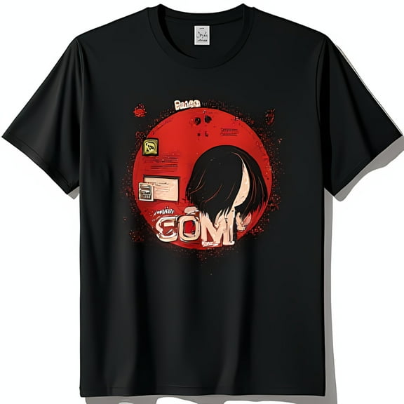 Retro Black T-Shirt with Stylized Red Circle & Bold Graphic Design