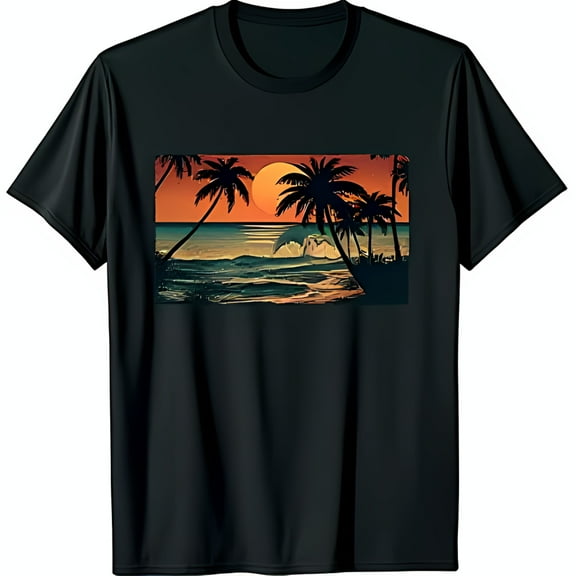 Retro Black T-Shirt with Sunset Beach Scene and Trees Design