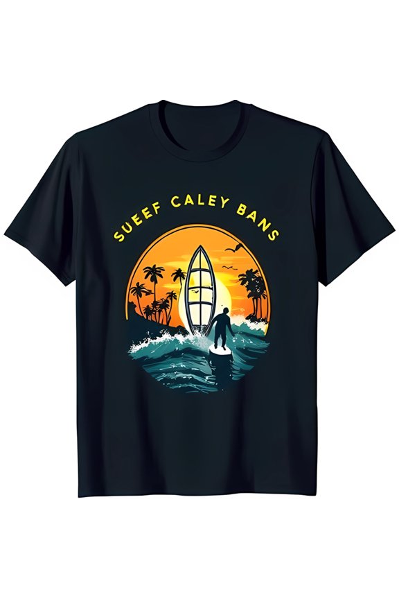 Retro Black T-Shirt with Surfer Wave Graphic & Bold 'Sueef Caley Bans' Text