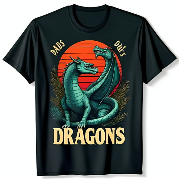 Retro Black T-Shirt with Teal Dragons and Sunset Graphic Dads Dragons Dads