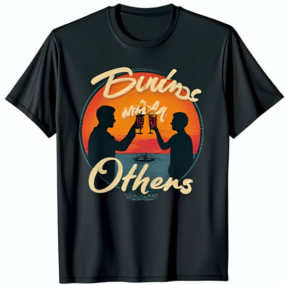 Retro Black T-Shirt with Toasting Friends Graphic & Sunset Drink with Others