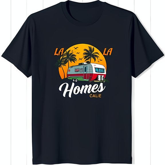 Retro Black T-Shirt with Tree & Sunset ' Homes Calie ' Design