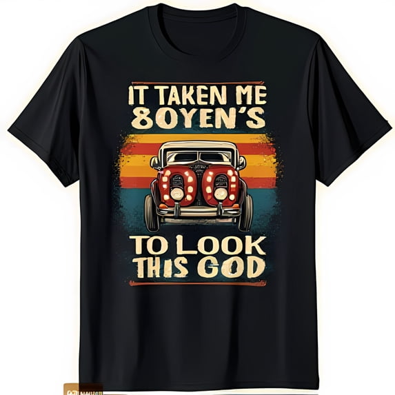 Retro Black T-Shirt with Vintage Car Graphic & Fun 80yen Text Design