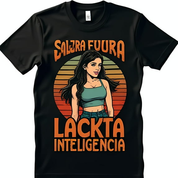 Retro Black T-Shirt with Woman in Teal Crop Top 'SALIRA FUURA' Design