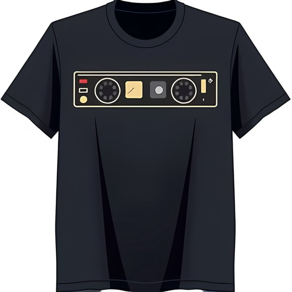 Retro Black T-Shirt with Yellow and Black Cassette Tape Graphic Short Sleeve Neck