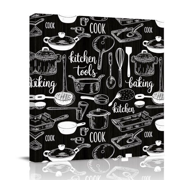 Retro Black White Canvas Wall Art for Living Room, Kitchen Forks Spoons Boiler Simple Lines Wall Decor Framed Artwork Pictures Ready to Hang for Bedroom Office Home Decor