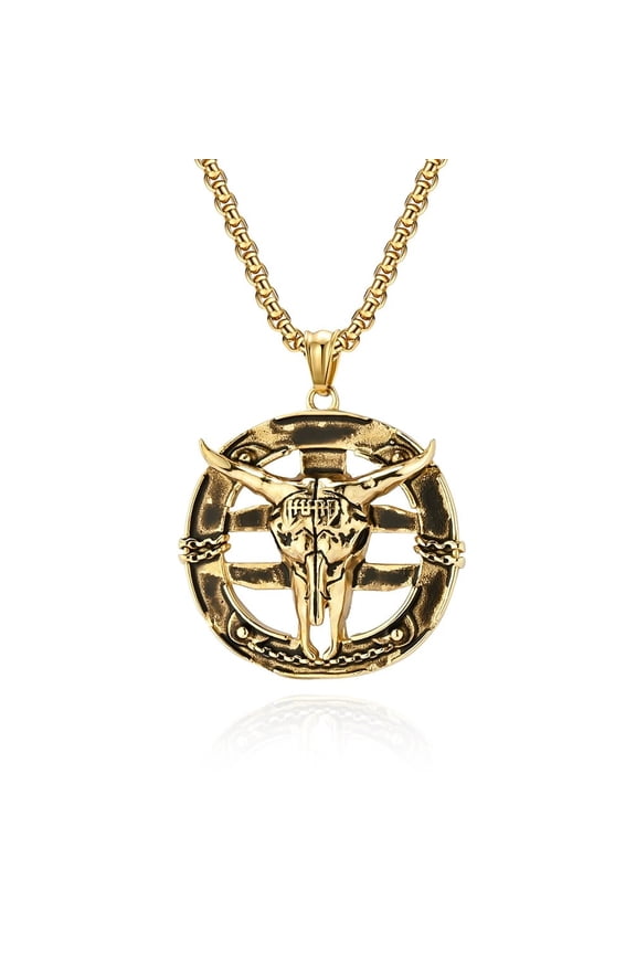 Retro Black Wind Ram Skull Necklace Pendant,14K Yellow Gold Chain Men Punk Jewelry