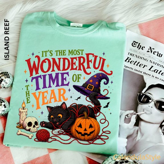 Retro Black Witch Cat Pumpkin Shirt, Most Wonderful Time Halloween Shirt, Witchy Autumn Girl Shirt, Black Cat Spooky Season Shirt
