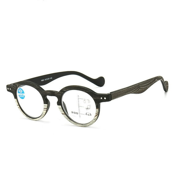 Retro Black Wood Grain Progressive Multi-focus Reading Glasses 3.50 Round Anti-blue Light Spring Hinges Readers +3.50 Strength