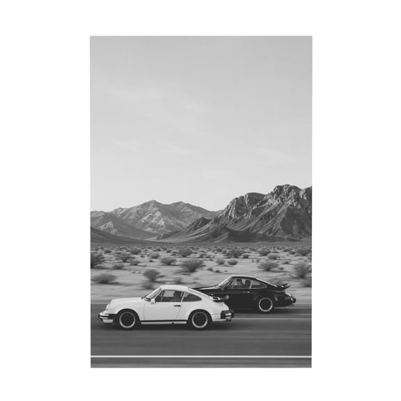 Retro Black and White Supercar Canvas Wall Art Sunset Mountain Landscape Luxury Car Decor for Living Room Bedroom 12*18in