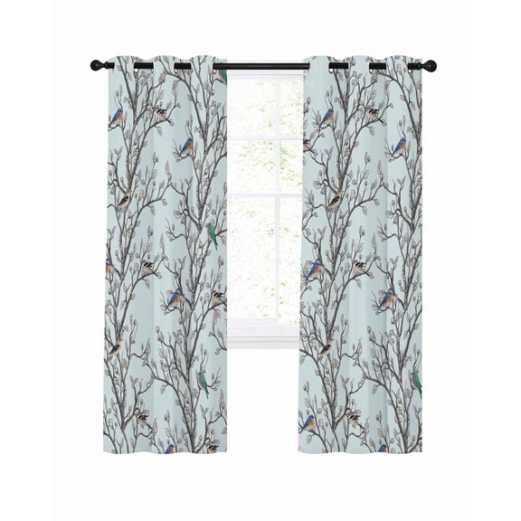 Retro Blackout Curtains 45 Inch Length Nature Tree Branches Texture Colored Birds Light Blue Thermal Insulated Window Curtain Window Drapes 2 Panels for Bedroom Living Room 52"Wx45"L
