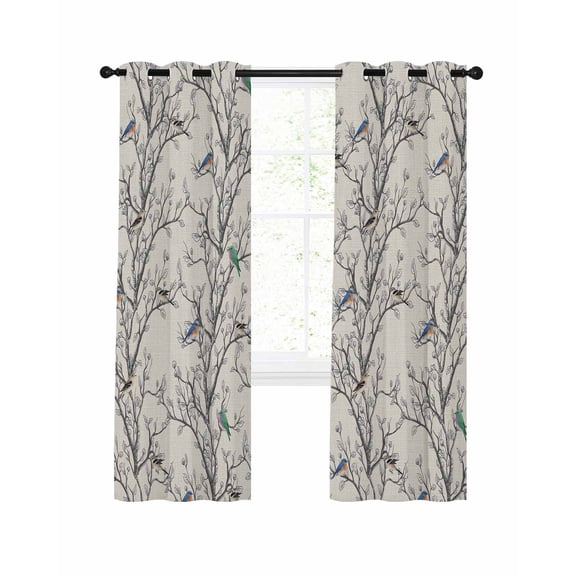 Retro Blackout Curtains 45 Inch Length Nature Tree Branches Texture Colored Birds Rustic Linen Thermal Insulated Window Curtain Window Drapes 2 Panels for Bedroom Living Room 52"Wx45"L