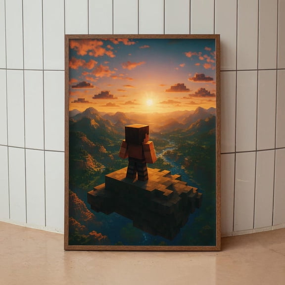 Retro Block World Landscape Poster – Vintage Style Gaming Wall Art Print 12x18 UNFRAMED