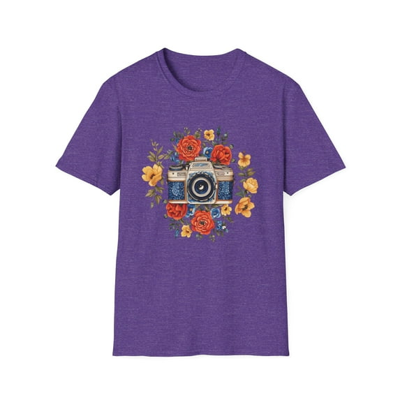 Retro Bloom: Classic Camera & Floral Fusion Tee - Unisex Softstyle T-Shirt