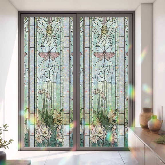 Retro Blossom Flower Butterfly Window Privacy Film, Rainbow Film Decorative Window Sticker 35.4x78.7in, Window Grille Floral Art Sun Blocking Static Stained Glass Cling Tint Non-Adhesive