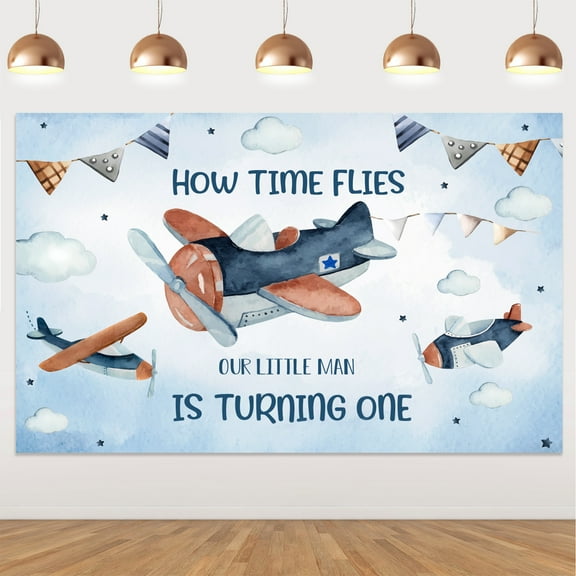 Retro Blue Airplane 1st Birthday Decorations Boys, Airplane Theme Backdrop, for 1 Year Old Boy How Time Flies Birthday Party Supplies