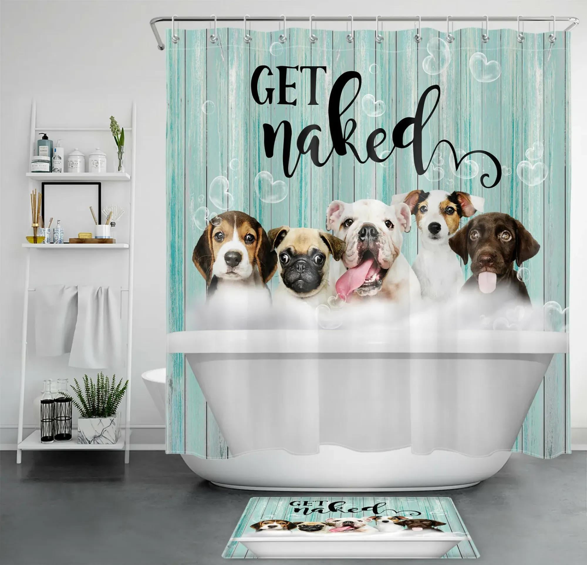 Retro Blue Bath Time Fun Cute Dog Shower Curtain Set for Quirky Bathroom Decor