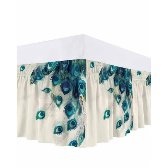 Retro Blue Bed Skirt King Size 18" Drop Green Peacock Feathers Abstract Art Ruffled Wrap Around Bed Skirts Adjustable Elastic Bedskirt Dust Ruffle for King Size Bed