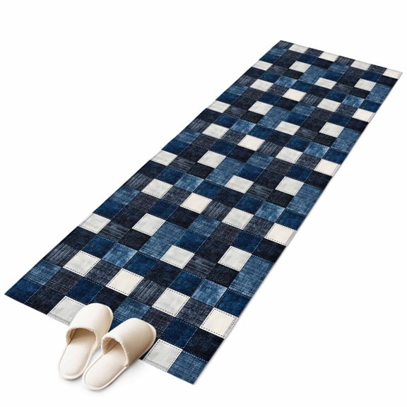 Retro Blue Black Buffalo Check Non-Slip Non-Shedding Floor Mat, Checkered Plaid Seamless Washable Sturdy Carpet for Living Room Bedroom Home Decor