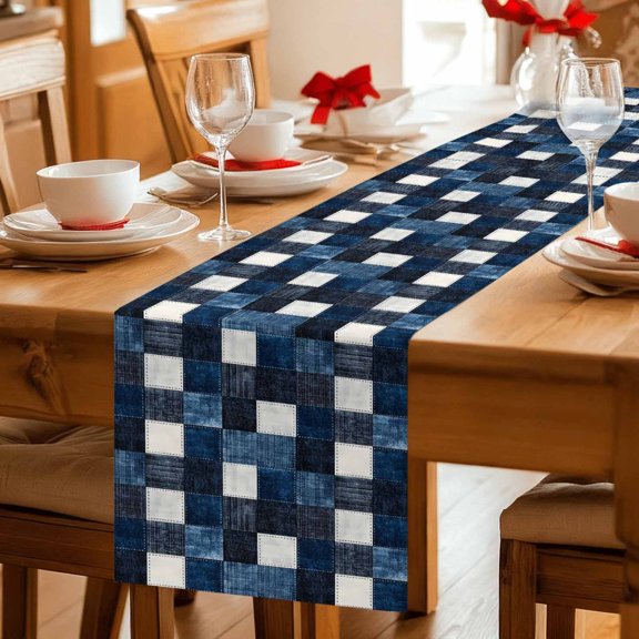 Retro Blue Black Buffalo Check Table Runner 36 Inches Long,Kitchen Dining Tablerunners Checkered Plaid Seamless Linen Table Runners Dresser Scarves for Home Dinner Wedding Holiday Party Decor