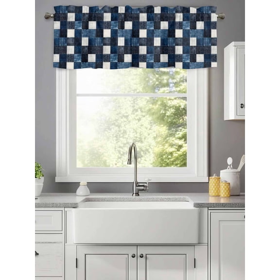 Retro Blue Black Buffalo Check Valances for Windows,Kitchen Valance Rod Pocket Short Curtain,Checkered Plaid Seamless Valance Curtain Window Valances for Bedroom Living Room 42x12in
