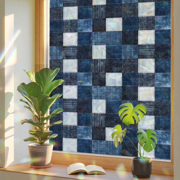 Retro Blue Black Buffalo Check Window Privacy Film, Rainbow Film Decorative Window Sticker 17.7x39.3in, Checkered Plaid Seamless Sun Blocking Static Stained Glass Cling Tint Non-Adhesive