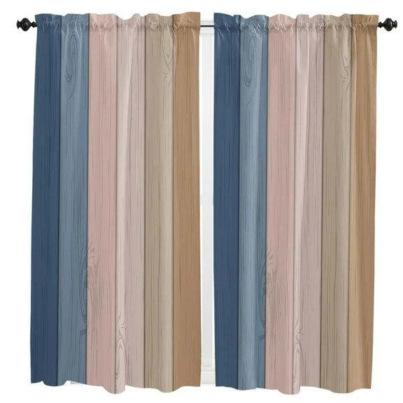 Retro Blue Brown Gradient Wood Grain Curtain Home Decoration Living Room Short Curtains Window Treatments For Kitchen Bedroom