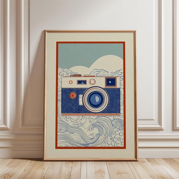Retro Blue Camera Japanese Woodcut Style Cloud Wave Scene Art Print Unframed Paper Print