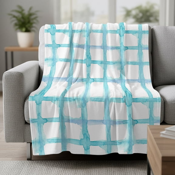 Retro Blue Checkered Fleece Throw Blanket Watercolor Lines Geometric Minimalist Ultra Soft Fuzzy Cozy Flannel Throw Blanket for Couch Sofa Bed Car Travel, Ideal Gifts 40x50 Inches