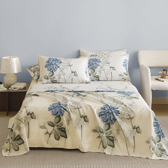 Retro Blue Daisy Print 4‑Piece Bedding Set, Breathable Smooth Skin‑Friendly Fabric, Wrinkle & Shrink Resistant, All‑Season Bedding For Home & Guest Room(Blue,Twin)