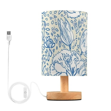 Retro Blue Floral Bouquet Flower Bedside Table Lamp LED Warm Lights with USB Charging Port Retro Cylinder Desk Lamps
