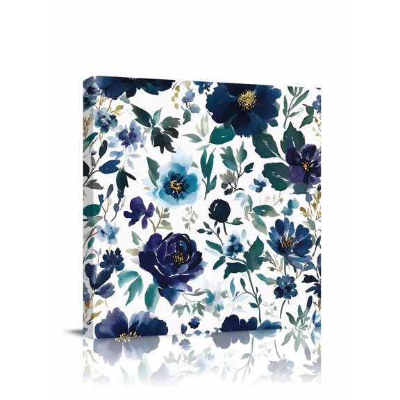 Retro Blue Flowers Canvas Wall Art, Abstract Art Floral Country Plant Framed Wall Decor Modern Artwork Prints Painting for Living Room, Bedroom, Kitchen & Cafe Decor 8x8 Inch