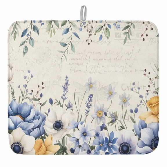 Retro Blue Flowers Floral Dish Drying Mat, Eucalyptus Leaf Absorbent Dish Drying Matt Pad for Kitchen Countertops,Sinks,Dish Drainer Racks, Small 16x18inx1PC,, Beige