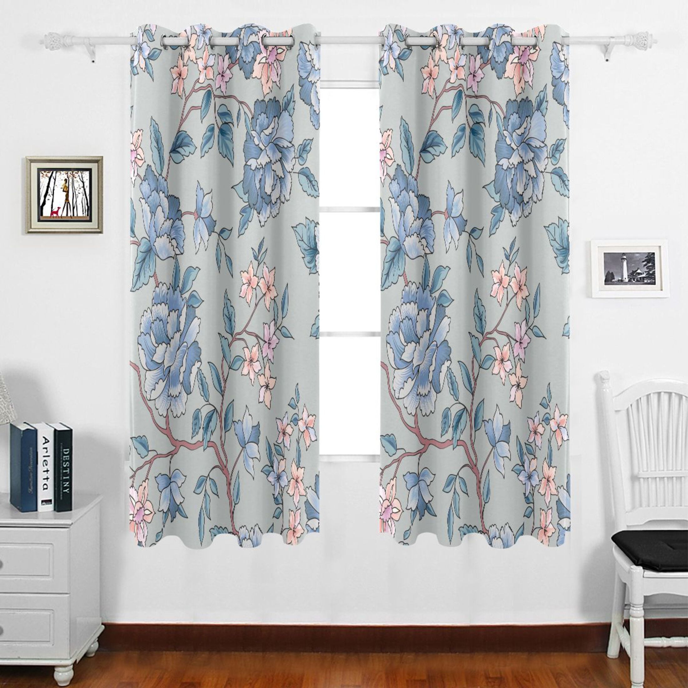 Retro Blue Flowers Grommet Blackout Curtains Thermal Insulated Window ...