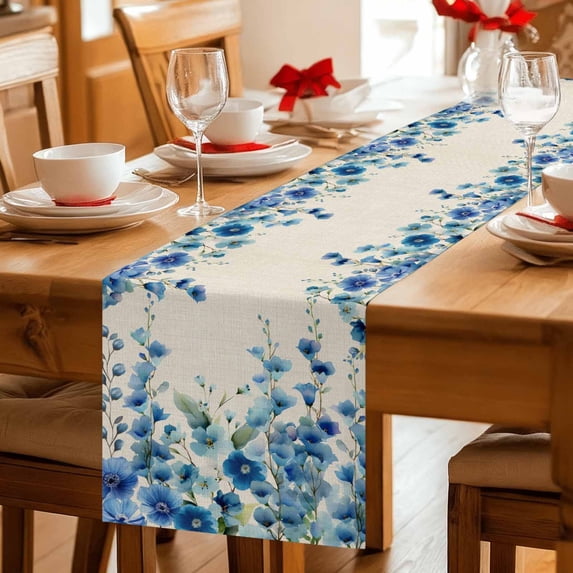 Retro Blue Flowers on Jam Table Runner 36 Inches Long,Kitchen Dining Tablerunners Country Floral Art Linen Table Runners Dresser Scarves for Home Dinner Wedding Holiday Party Decor