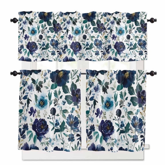 Retro Blue Flowers Kitchen Curtains Valances and Tiers Set of 3, Country Plant 24 Inch Length Tier Curtains and Valance Rod Pocket Valance Curtains Set for Kitchen Bathroom Small Windows
