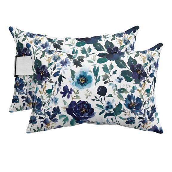 Retro Blue Flowers Outdoor Chaise Lounge Pillows Abstract Art Floral Country Plant Lumbar Pillows with Insert Adjustable Elastic Strap Headrest Pillow for Recliner Patio Chair 2 Pack 11x16 Inch
