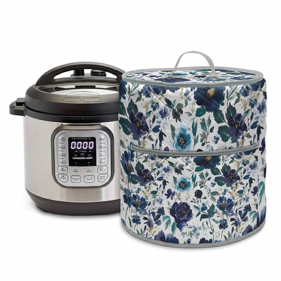 Retro Blue Flowers Pressure Cooker Cover Abstract Art Floral Country Plant Dust Cover for Kitchen Appliances with Top Handle & Storage Pockets, Fits 8 Quart Instant Pot, Air Fryer, Crock Pot