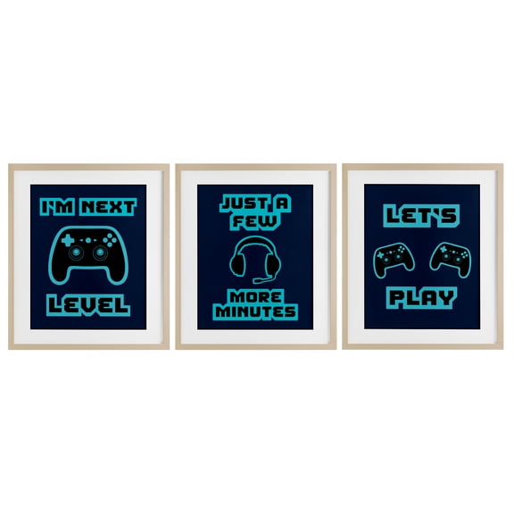 Stupell Industries Retro Blue Gaming Words 3 Piece Birch Framed Print Under Glass Set, design by Marcus Prime