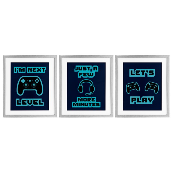 Stupell Industries Retro Blue Gaming Words 3 Piece Gray Framed Print Under Glass Set, design by Marcus Prime
