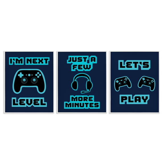 Stupell Industries Retro Blue Gaming Words 3 Piece White Framed Giclee Art Set, design by Marcus Prime
