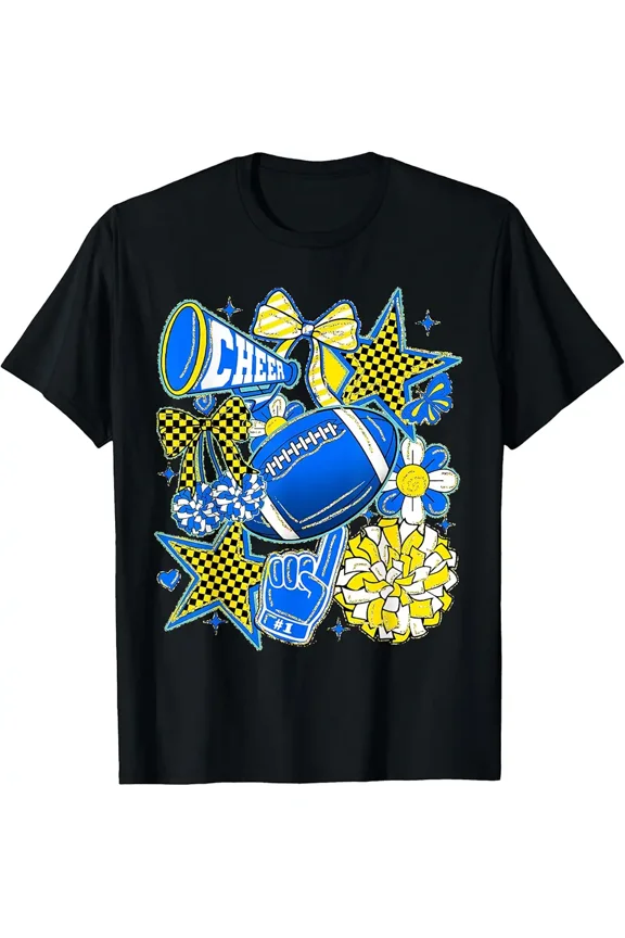 Retro Blue Gold Cheer Gridiron Game Day Cute Bow Kids Team Unisex T-Shirt, up to Size 5XL