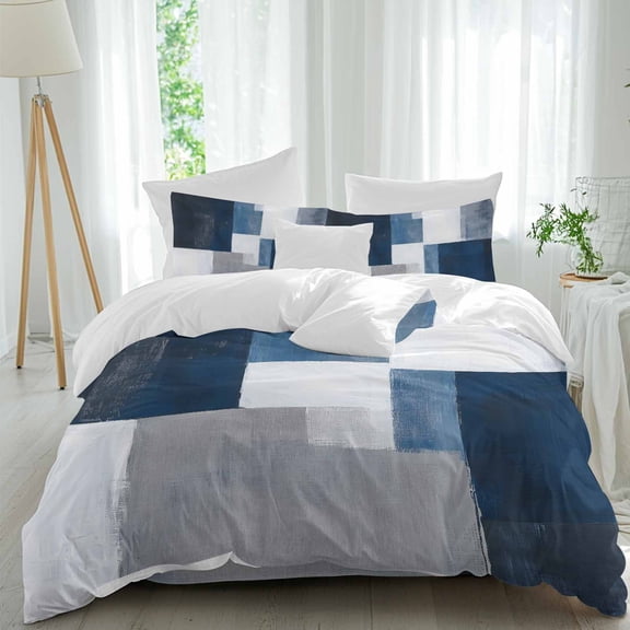Retro Blue Gray White Full Size Bed Set,Abstract Graffiti Style Bedding for All Seasons,4 Pcs Bed Set,1 Quiltcover(86"x86"),1 Sheet(80"x116"),2 Pillowcases(30"x20")