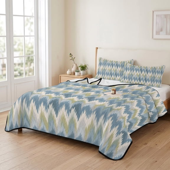 Retro Blue Green Zigzag Chevron 3 Pieces Quilt Set,1 Quilt with 2 Shams,Southwest Ethnic Style Bedspread Soft Lightweight Bedding Coverlet Comforter Set for All Season 90"x96"