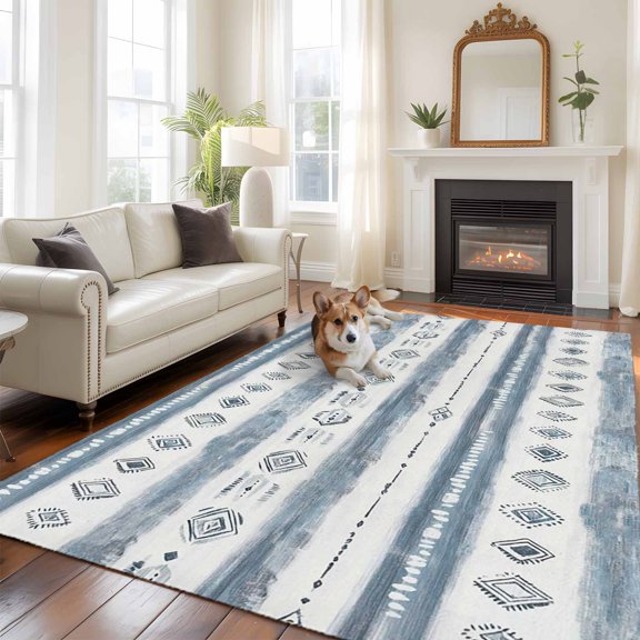 Retro Blue Grey 5x8 Rug for Bedroom Under Queen Bed Placement, Country Farm Geometric Art Hand Painted Pattern Washable Non Slip Large Rectangle Area Rug