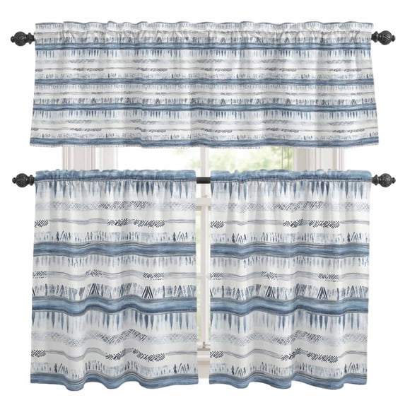 Retro Blue Grey Kitchen Curtains Valances and Tiers Set of 3 Country Geometric Art Hand Painted Pattern Tier Curtains and Valance with Rod Pocket for Small Windows, 27.5"x36"