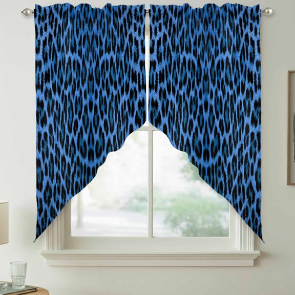 Retro Blue Leopard Swag Kitchen Curtain Valances, Abstract Classic Texture Rod Pocket Curtains Window Treatment Decor Valances for Bedroom Bathroom, 2 Panels 36 x 36 Inch