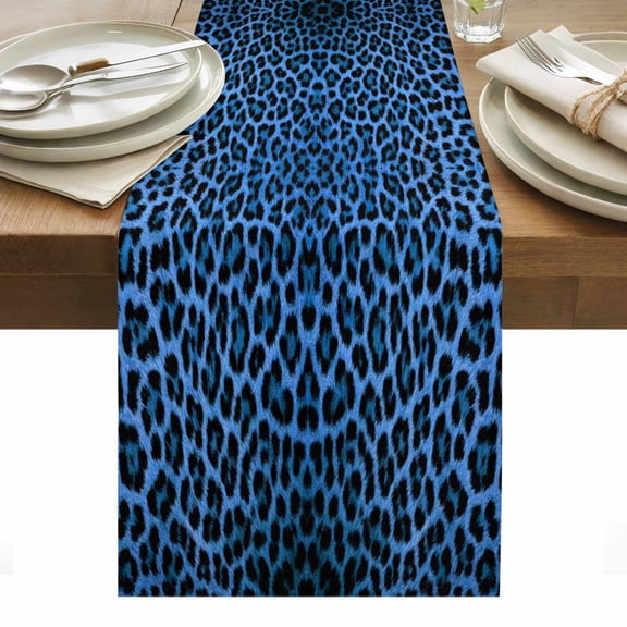 Retro Blue Leopard Table Runner 13 x 48 Inch, Abstract Classic Texture Washable Cotton Linen Dining Table Runner Tabletop Decorations for Restaurant Home Kitchen Party