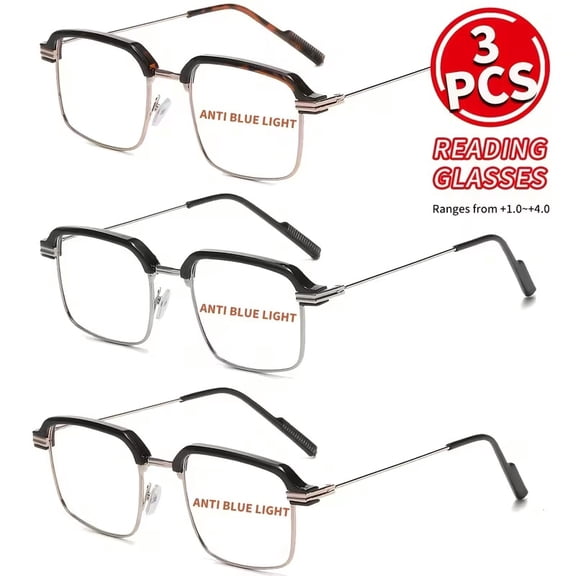 Retro Blue Light Blocking Glasses for Adults - 3 Pack Metal Frame Rectangular Polycarbonate Lenses, Multiple Colors